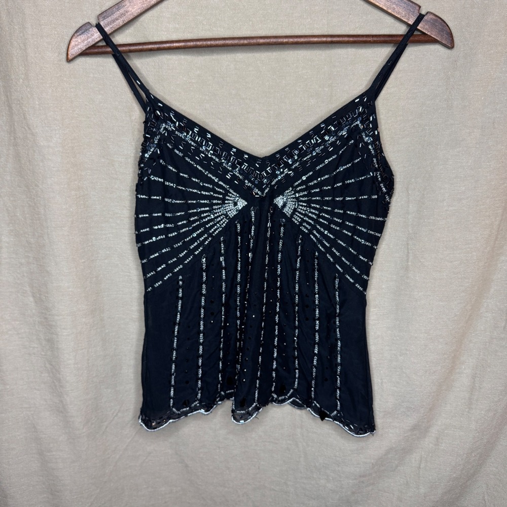 Vintage Express Black Beaded Sequin Camisole Small FairyCore Boho Top Tank